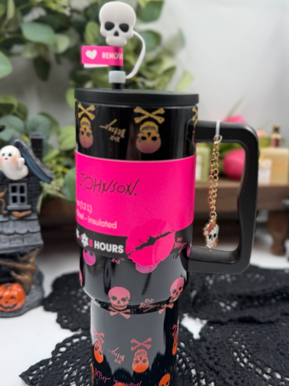betsey johnson skull 40 oz insulated tumbler charm halloween goth